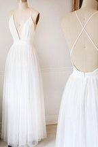 Schlichtes weißes A-Linien-Tüll-Brautkleid mit V-Ausschnitt, langes Ballkleid, MW218 
