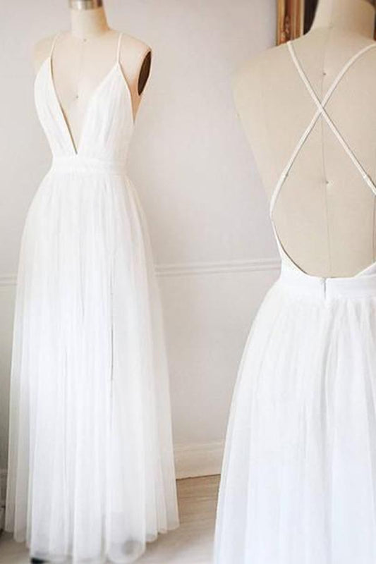 Schlichtes weißes A-Linien-Tüll-Brautkleid mit V-Ausschnitt, langes Ballkleid, MW218 
