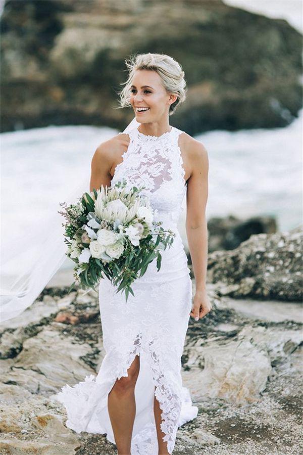Vestido de novia blanco con escote halter, encaje y cola larga para playa, apliques, MW161