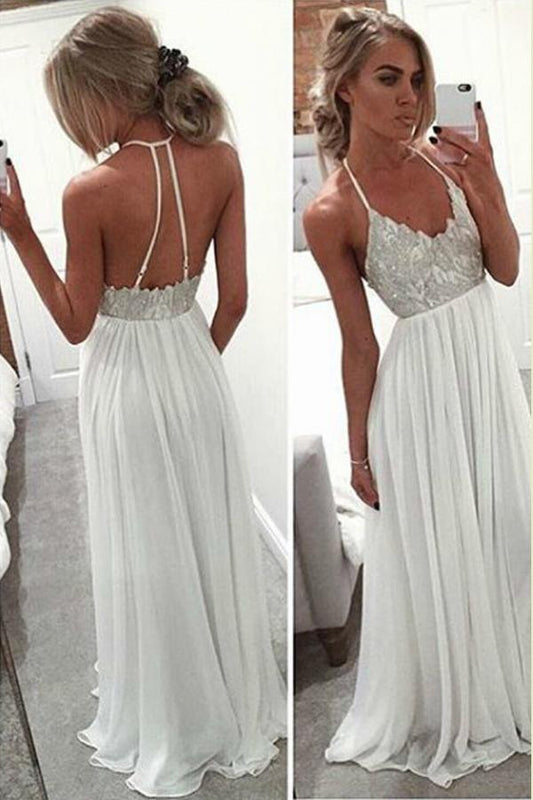 White Halter Floor Length Beach Wedding Dresses Beaded Cheap Prom Dress MP256