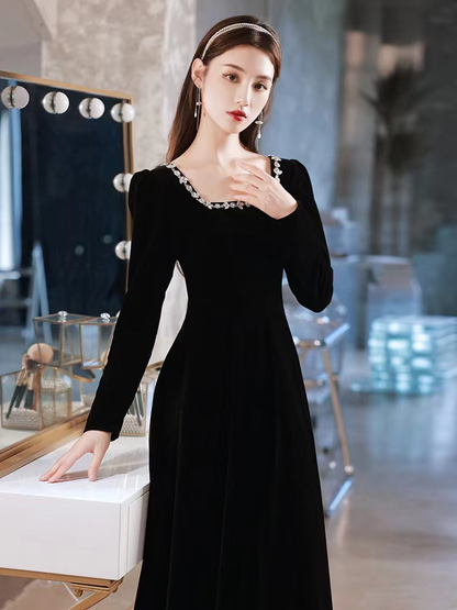 Schwarzes Abendkleid, High Sense Samt Langarm Abendkleid, maßgeschneiderte Y2934