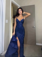 Glitzerndes blaues Meerjungfrau-Ballkleid mit Pailletten und Schlitz, Y7825