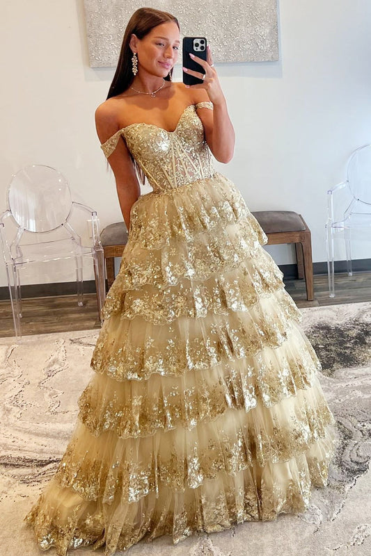 Leona | Vestido de fiesta de princesa con hombros descubiertos y encaje con lentejuelas