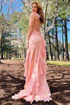 Emerald Green Square Neck Ruffle Slit Prom Dress