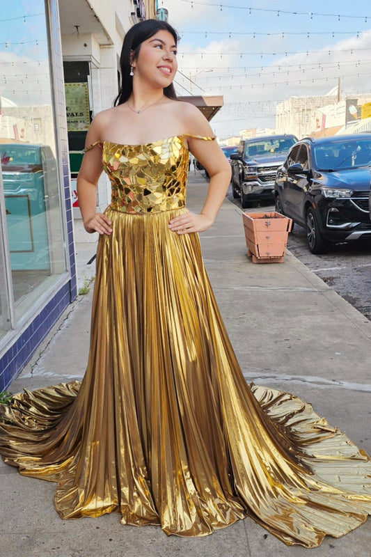 Yesenia | Metallic-Off-the-Shoulder-Plissee-Ballkleid mit zerbrochenen Spiegeln