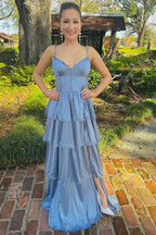 Vestido de fiesta largo con volantes multicapa y corsé color bígaro