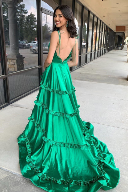 V-Neck Backless Ruffle A-Line Prom Gown with Slit