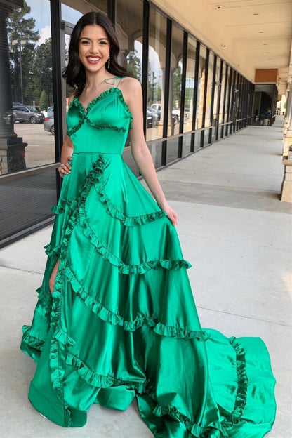 V-Neck Backless Ruffle A-Line Prom Gown with Slit