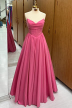 Vestido formal largo de corte A con cordones y sin tirantes en rosa intenso
