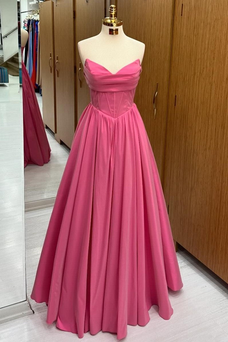 Vestido formal largo de corte A con cordones y sin tirantes en rosa intenso
