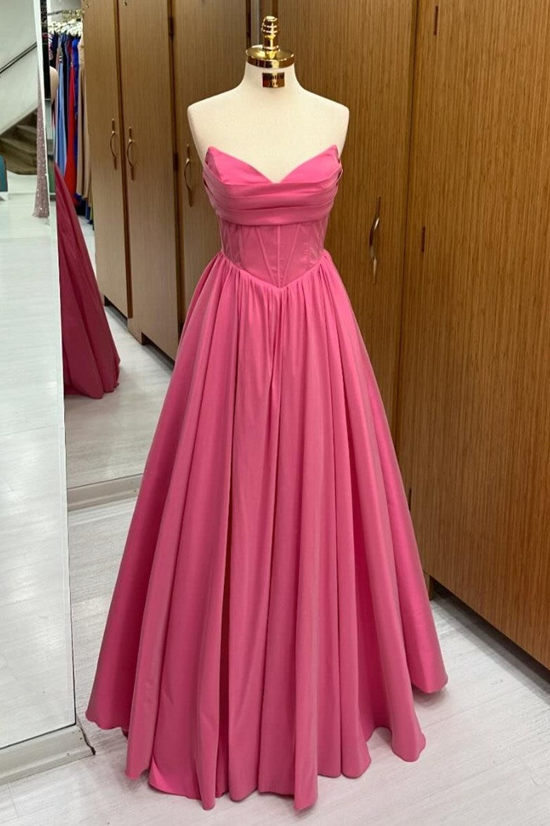 Vestido formal largo de corte A con cordones y sin tirantes en rosa intenso