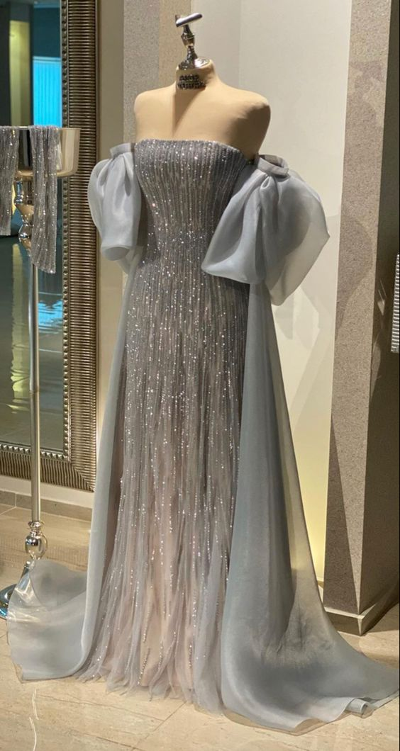 Vestido de fiesta de tul azul polvoriento sin tirantes hasta el suelo para ocasiones especiales Y4910