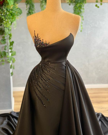 Schwarze Abnehmbare Schleppe Ballkleider Für Frauen Perlen Plissee Abendkleider Y6676