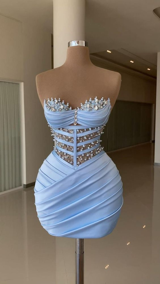 Sexy Blaues, figurbetontes Kleid mit Plissee, Blaues Homecoming-Kleid Y4131