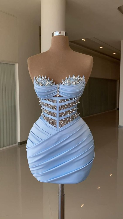 Sexy Blaues, figurbetontes Kleid mit Plissee, Blaues Homecoming-Kleid Y4131