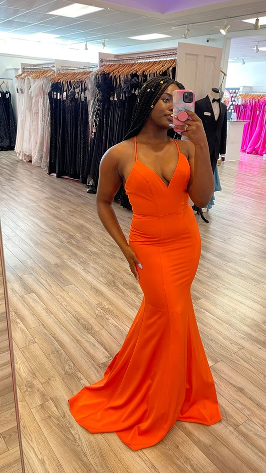 Schlichtes orangefarbenes langes Meerjungfrau-Ballkleid aus Satin, orangefarbenes Abendkleid Y6197
