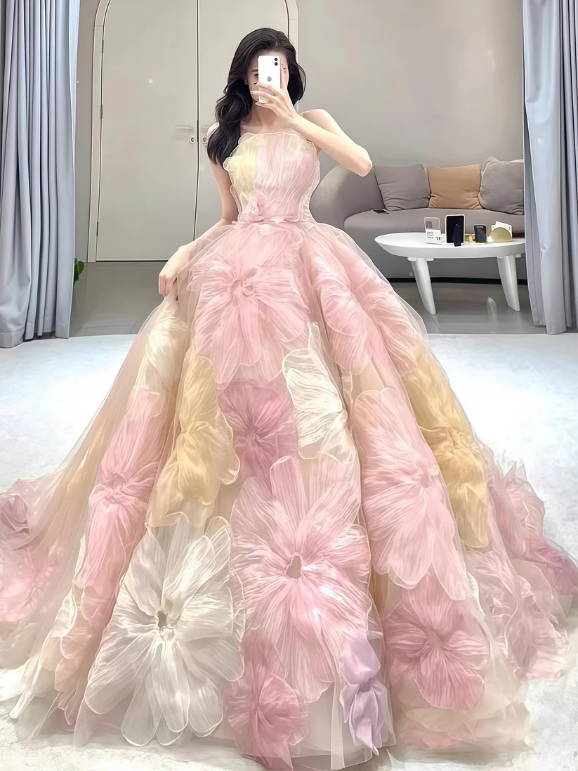 Vestido de fiesta floral de princesa de ensueño, vestido de fiesta de noche sin tirantes, vestido de novia Y8289