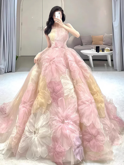 Dream Princess Floral Ball Gown, Strapless A-line Evening Prom Dress,Wedding Dress Y8289