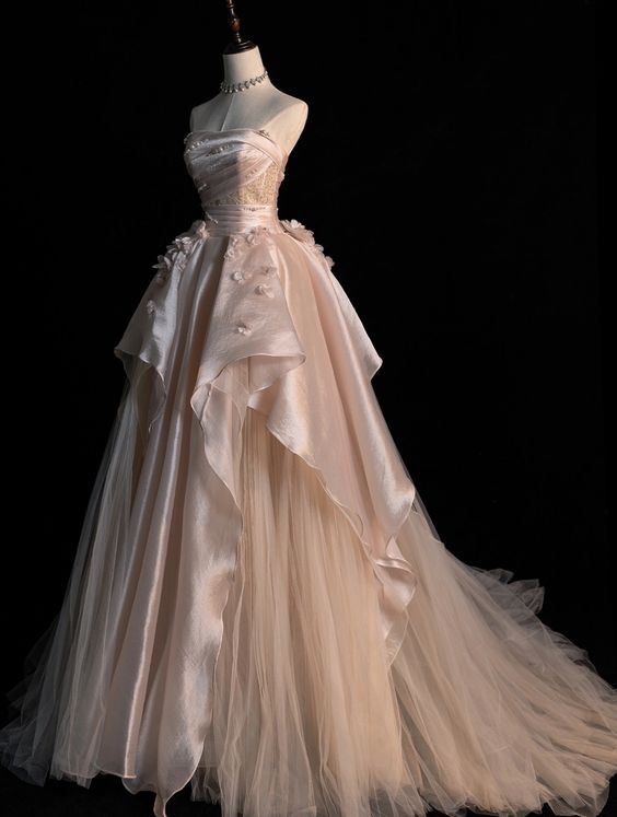 Großzügiges rosa trägerloses A-Linien-Abendkleid aus Tüll, glamouröses Kleid Y6761