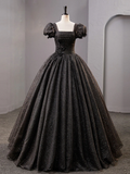 Schwarzes langes Ballkleid aus Tüll mit quadratischem Ausschnitt, glänzendes schwarzes Abendkleid Y4386