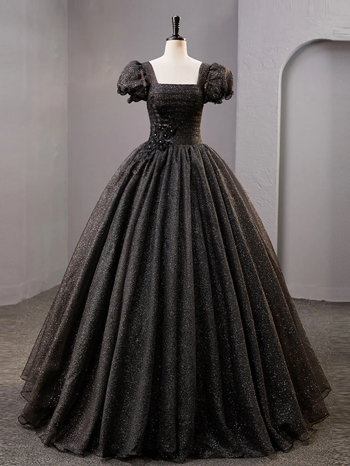 Schwarzes langes Ballkleid aus Tüll mit quadratischem Ausschnitt, glänzendes schwarzes Abendkleid Y4386
