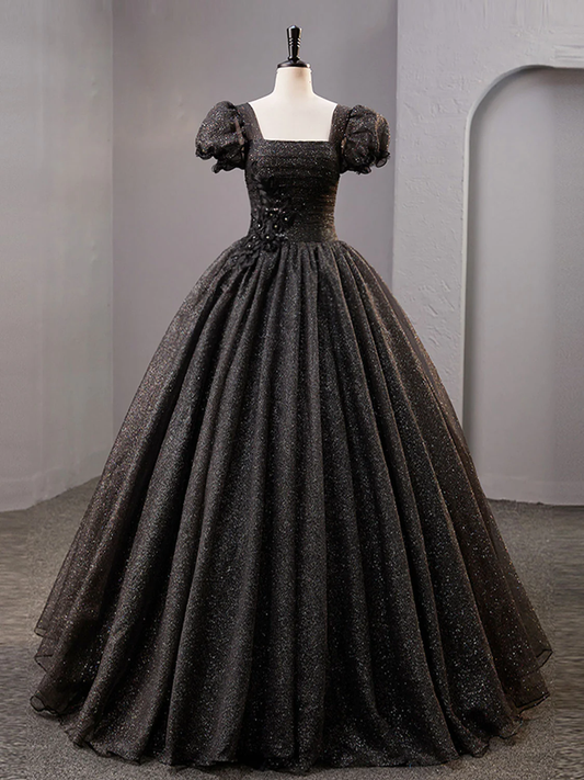 Schwarzes langes Ballkleid aus Tüll mit quadratischem Ausschnitt, glänzendes schwarzes Abendkleid Y4386