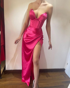 Fuchsia Abendkleider für Damen mit hohem Schlitz und langem Hochzeitsgastkleid Y3091