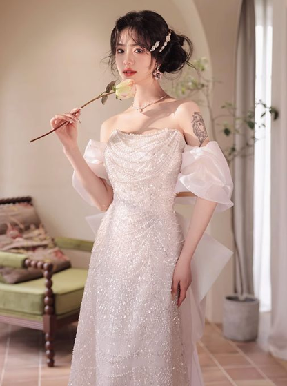 Rosa A-Linie Off-Shoulder Tüll Pailletten Perlen Langes Ballkleid Formales Abendkleid Y8050