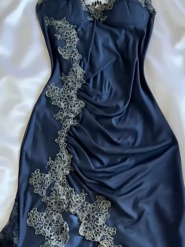 Vintage Marineblau Satin Spitze Applikationen Meerjungfrau Abendkleid Ballkleid Y8497