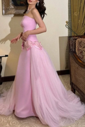 Süßes rosa trägerloses langes Ballkleid mit Schleife, Tüll-Satin-Abendkleid Y8053