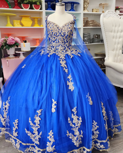 Royal Blue Tulle Ball Gown With Gold Lace Sweet 16 Dress Y530