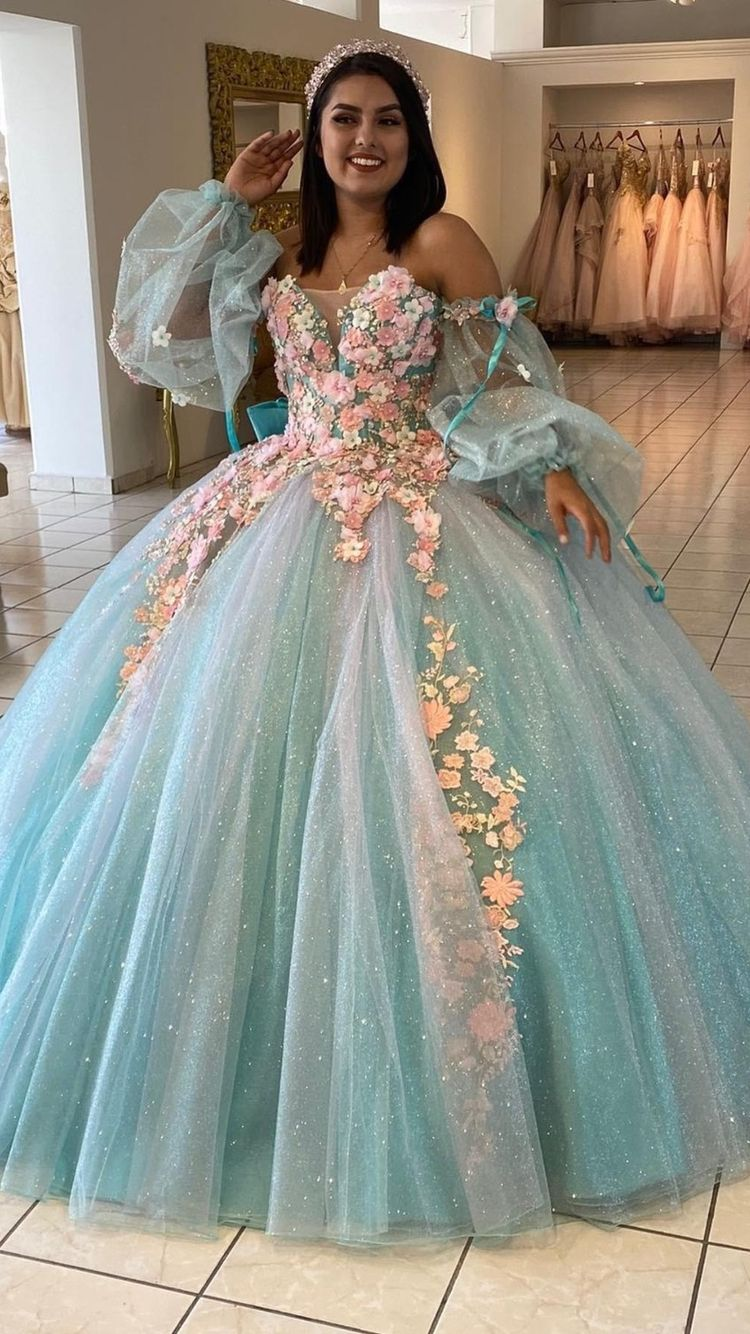 Eisblaues Quinceanera-Kleid mit 3D-Blumen, schickes Ballkleid Y2990