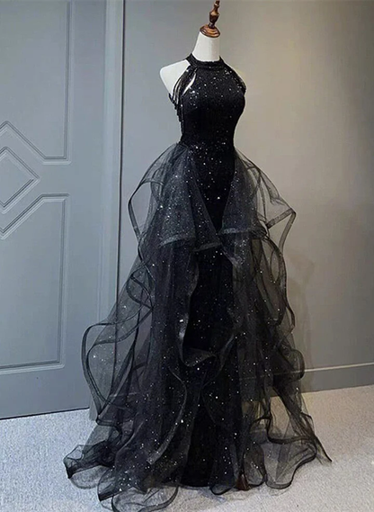 Abendkleid mit hohem Ausschnitt, schwarzem Neckholder, glänzendem Tüll und Pailletten, schwarzes Tüll-Ballkleid Y1864