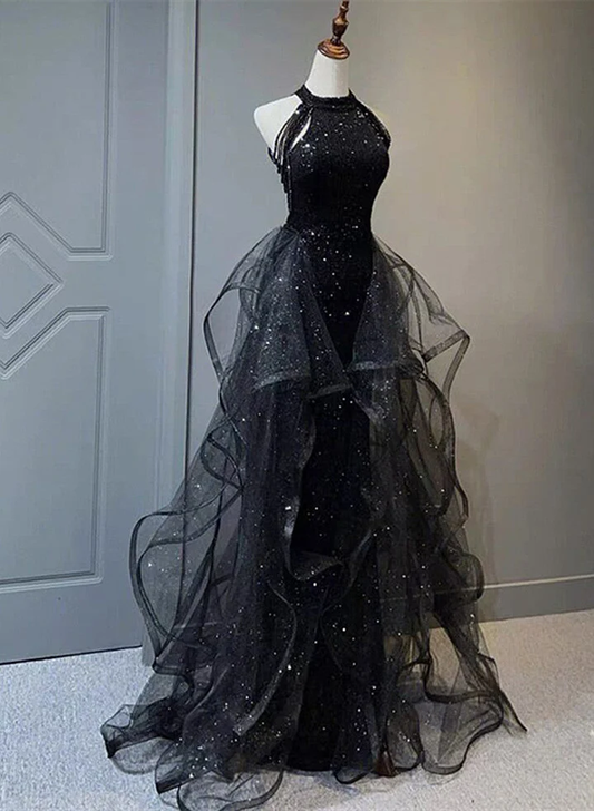 Abendkleid mit hohem Ausschnitt, schwarzem Neckholder, glänzendem Tüll und Pailletten, schwarzes Tüll-Ballkleid Y1864