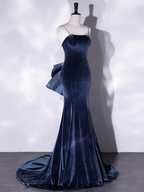 Vestido de fiesta largo de terciopelo azul con corte sirena, vestido de noche largo de terciopelo azul Y4387