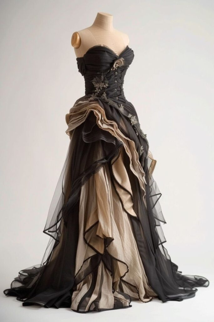 Vintage Schwarz Tüll Spitze Applikationen Plissee Abendkleid Ballkleid Y8354