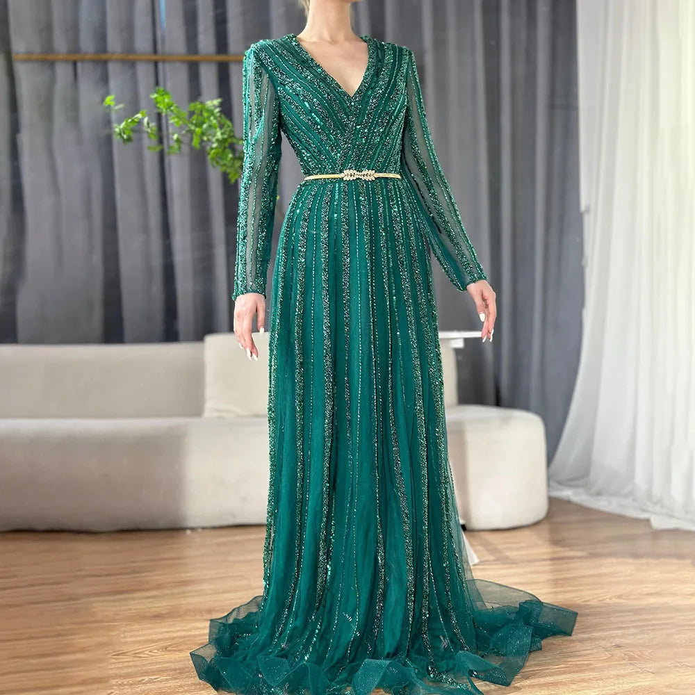 Muslimischen Grün Luxus Elegante Abendkleider Kleider 2025 Langen Ärmeln Perlen Für Frauen Party LA70790 