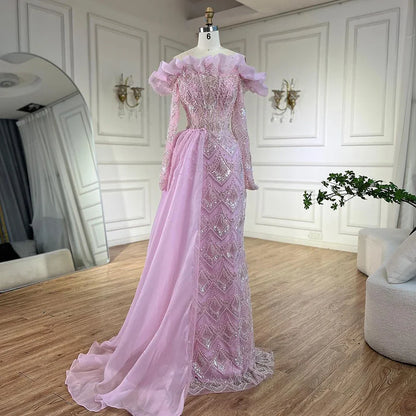 Elegante vestido de noche de lujo con escote sirena árabe en naranja y perlas para mujer, ideal para fiestas 2025 LA71649A 