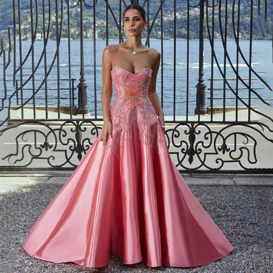 Vestidos de noche de lujo con cuentas, sin tirantes, de satén, corte A, color melocotón, de Dubái Arabia, para mujer, para boda, fiesta, 2025, LA72195 