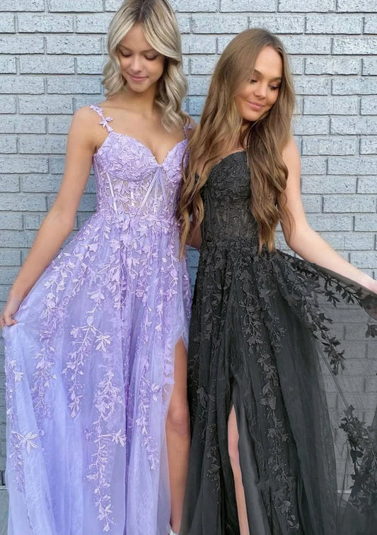 erene Hill 2025 Arabisches lila A-Linie Spaghettiträger Langes Spitzen-Ballkleid mit Schlitz LA72692 
