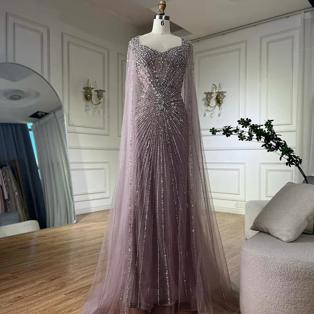 2025 Nude Cape Sleeves Beaded Saudi Arabic Evening Dresses Gowns for Formal Occasion LA72575A