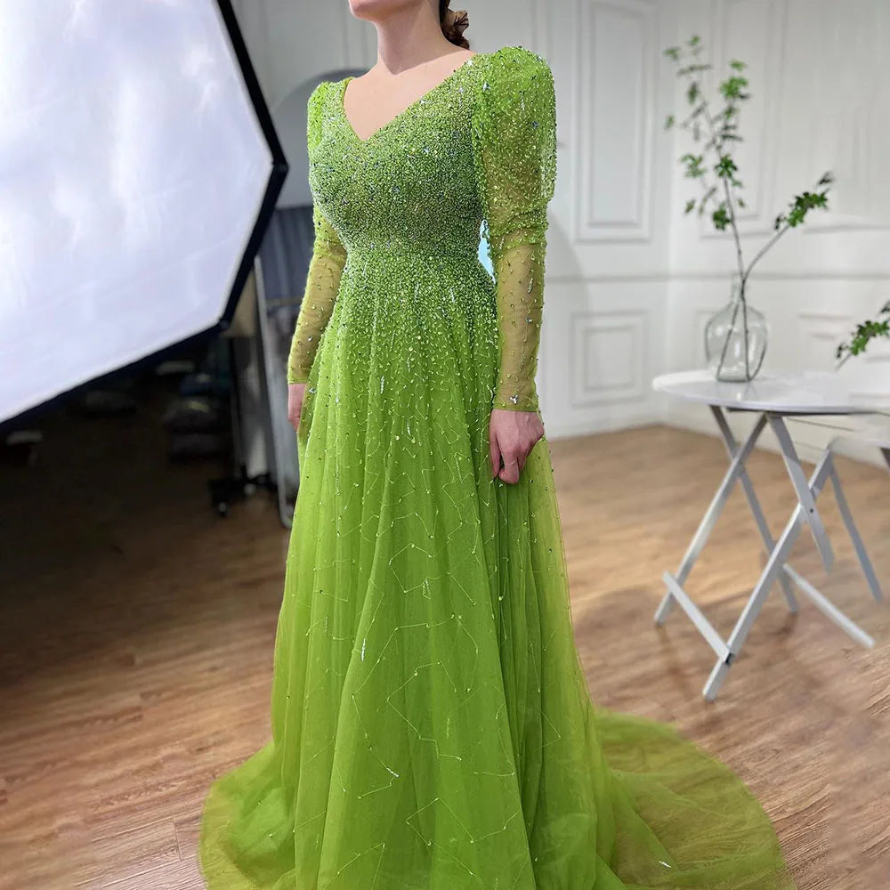 Grünes Meerjungfrauen-Abendkleid mit Perlenbesatz und Rockärmeln LA71762 
