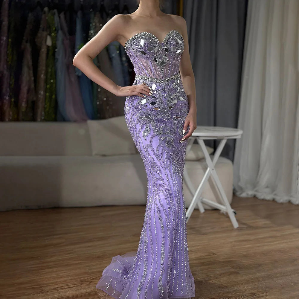 Arabic Blue Elegant Strapless Mermaid Beaded Luxury Dubai Evening Dresses Gowns 2025 for Women's Party LA72328