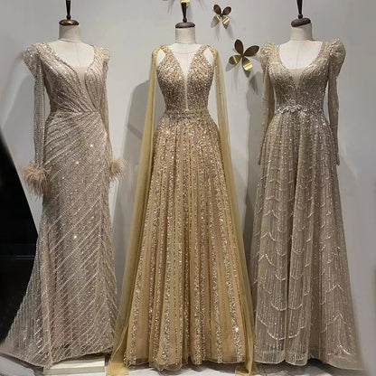 Muslim Caramel  A Line V-Neck Beaded Luxury Dubai Long Evening Dresses Gowns 2025 For Women Wedding Party LA71940