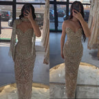 2025 Nude Strapless Evening Gown with Beaded Tassel and Detachable Fringe Short Cape for Formal Occasion LA72876
