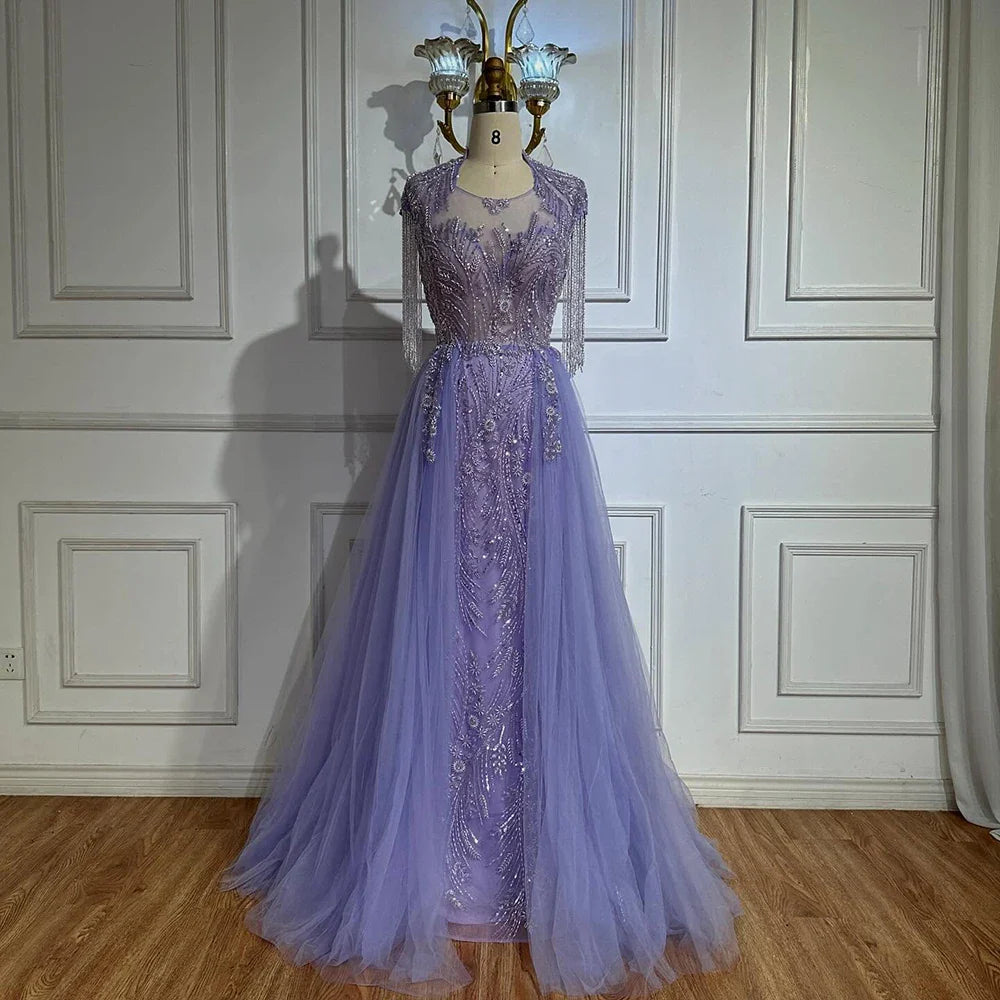 2025 Arabic lilac Elegant A Line Beaded Tassel Luxury Dubai Evening Dresses Gowns for Woman Wedding Party LA72422