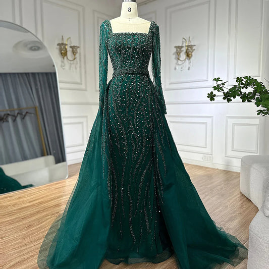 Vestidos de noche árabes de sirena con sobrefalda y cuentas, de lujo, para ocasiones formales, LA72710 