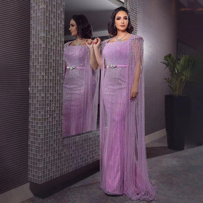 Vestido de noche largo estilo sirena árabe morado con mangas tipo capa y cuentas, de lujo, estilo Dubái, para mujer, para fiesta, 2025, LA71009 