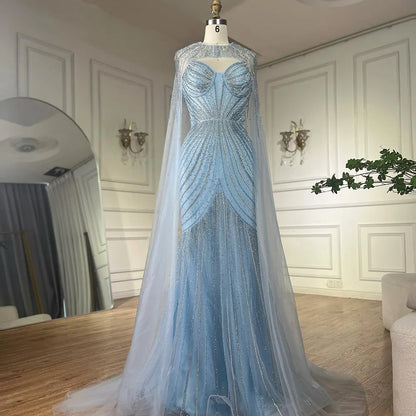Vestido de noche árabe azul con tirantes finos, cuentas y capa desmontable para ocasiones formales 2025 LA72784 