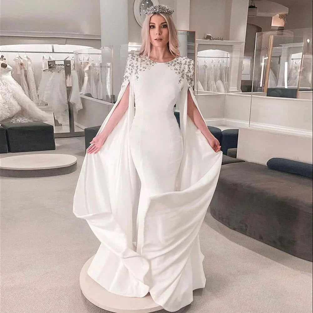 Vestido de noche blanco de sirena con mangas estilo capa, vestidos de noche 2025 para mujer, fiesta LA70934 
